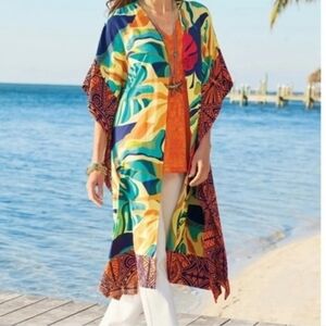 Soft Surrondings Colorful Tropical Floral Long Line Open Front Kimono S/M